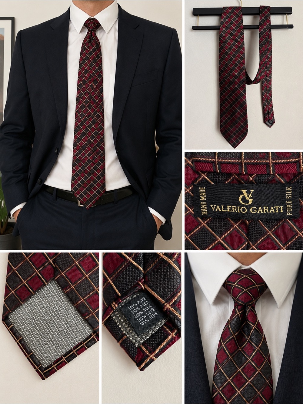 Vintage Valerio Garati Pure Silk Tie Made in Italy Burgundy Geometric Necktie